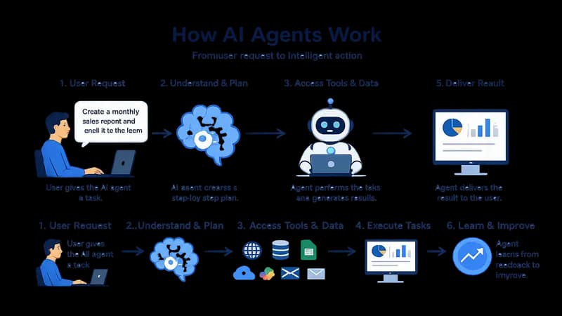How AI agents work from user request to intelligent task execution through planning, tool integration, automation, and continuous learning.
